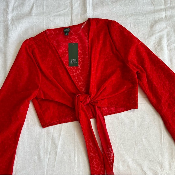 Brand New!! Wild Fable | Red Velvet Textured Front Tie Crop Top with Flowers - Picture 2 of 12